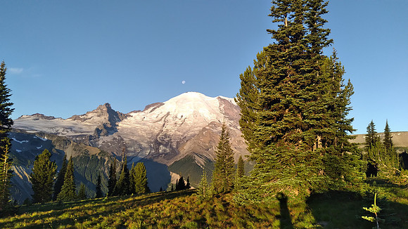 Rainier with setting moon
